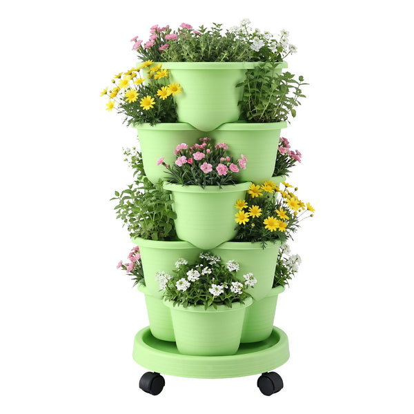 Green Fingers 5 Tier Vertical Garden Planter, Stackable Planters with Wheels, Light Green, Garden Bed, Garden Tower Indoor Outdoor, Auto Drainage System, for Strawberries, Herbs, Flowers, Vegetables Awezingly