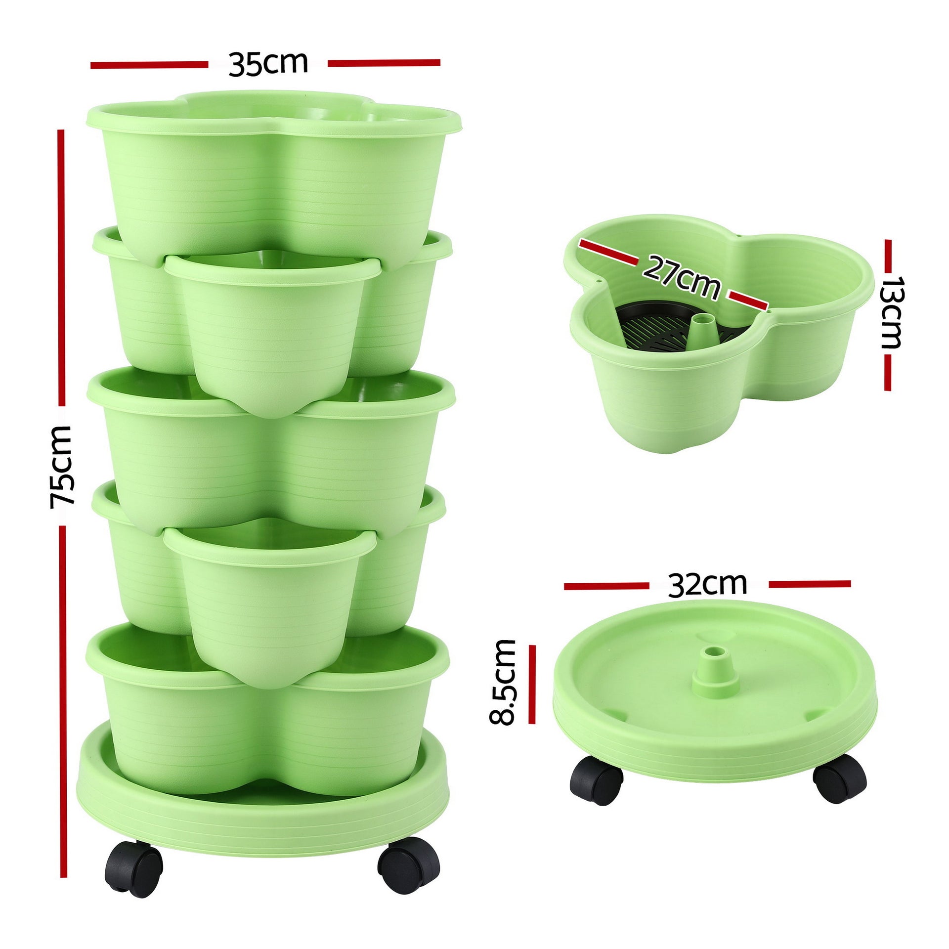 Green Fingers 5 Tier Vertical Garden Planter, Stackable Planters with Wheels, Light Green, Garden Bed, Garden Tower Indoor Outdoor, Auto Drainage System, for Strawberries, Herbs, Flowers, Vegetables Awezingly