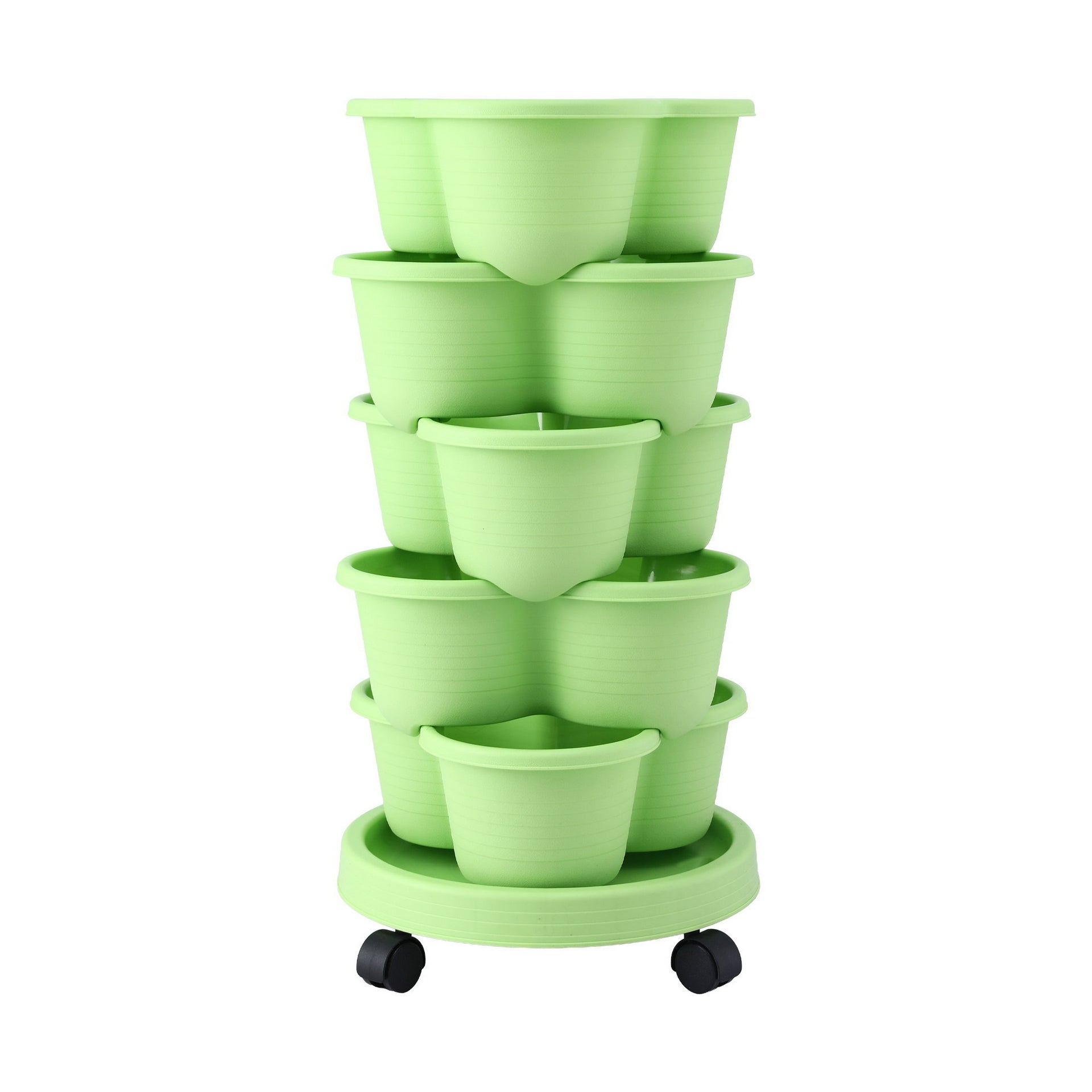 Green Fingers 5 Tier Vertical Garden Planter, Stackable Planters with Wheels, Light Green, Garden Bed, Garden Tower Indoor Outdoor, Auto Drainage System, for Strawberries, Herbs, Flowers, Vegetables Awezingly