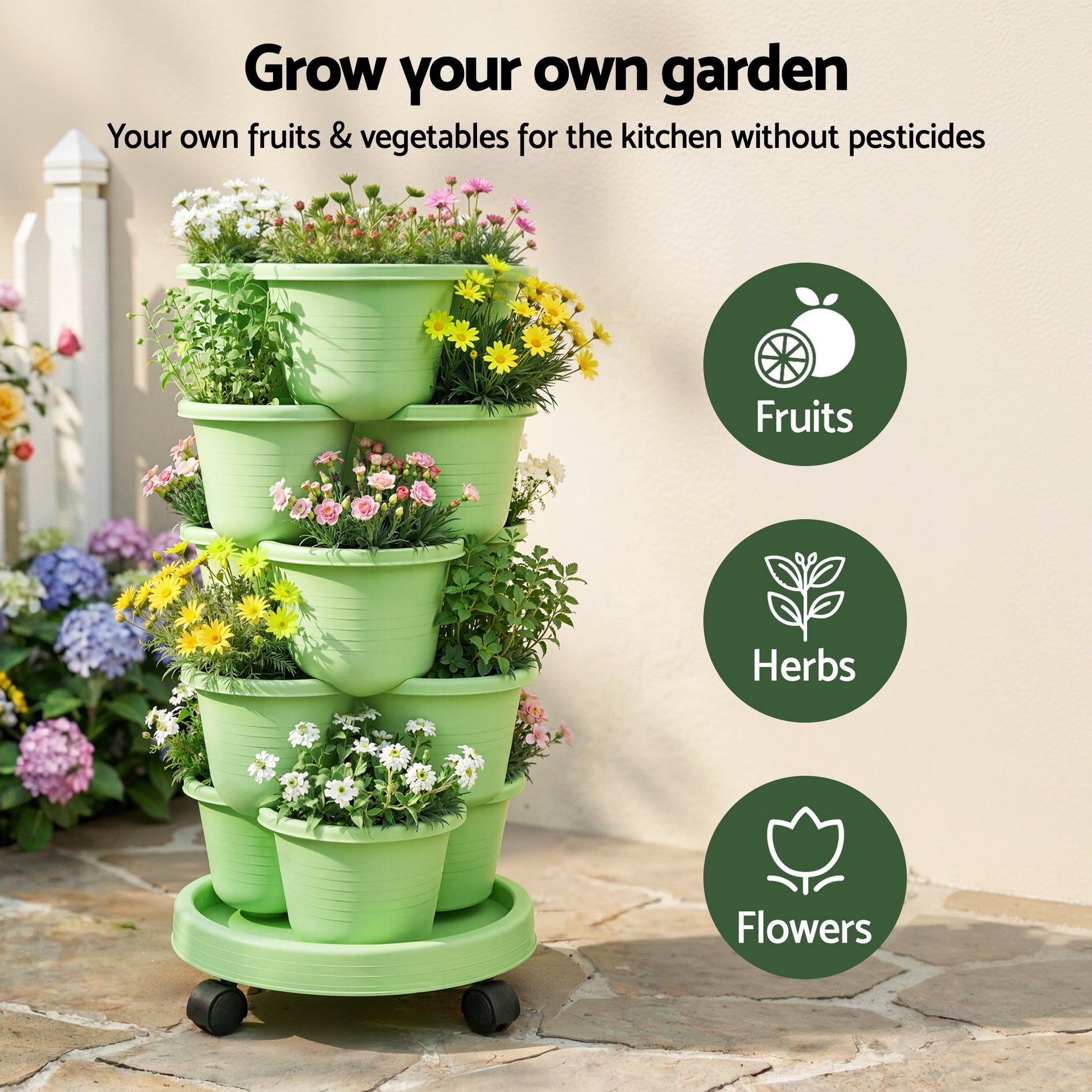 Green Fingers 5 Tier Vertical Garden Planter, Stackable Planters with Wheels, Light Green, Garden Bed, Garden Tower Indoor Outdoor, Auto Drainage System, for Strawberries, Herbs, Flowers, Vegetables Awezingly