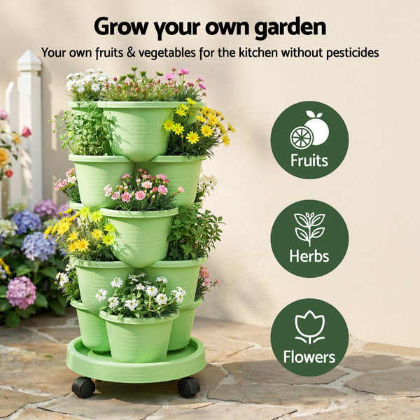 Green Fingers 5 Tier Vertical Garden Planter, Stackable Planters with Wheels, Light Green, Garden Bed, Garden Tower Indoor Outdoor, Auto Drainage System, for Strawberries, Herbs, Flowers, Vegetables Awezingly