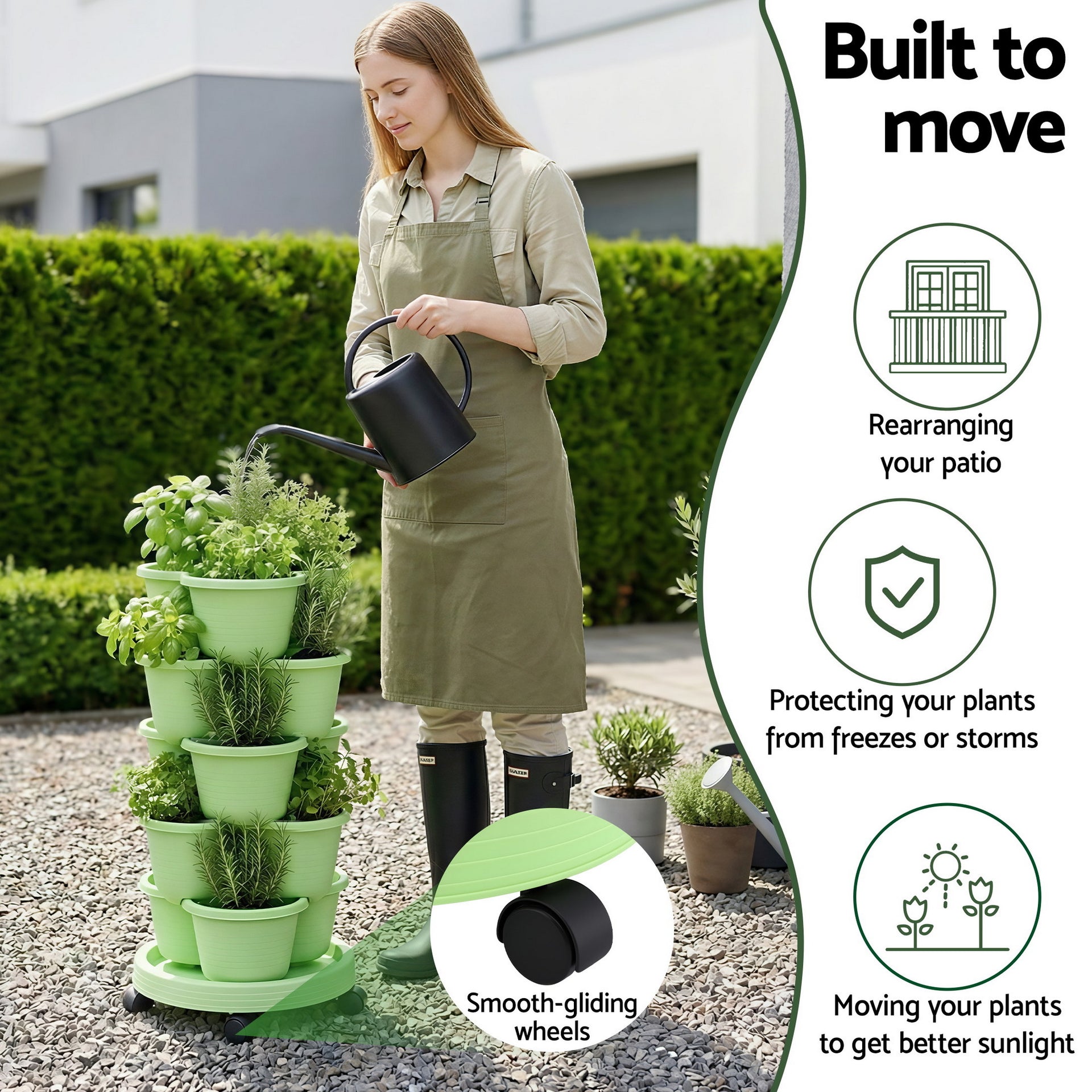 Green Fingers 5 Tier Vertical Garden Planter, Stackable Planters with Wheels, Light Green, Garden Bed, Garden Tower Indoor Outdoor, Auto Drainage System, for Strawberries, Herbs, Flowers, Vegetables Awezingly
