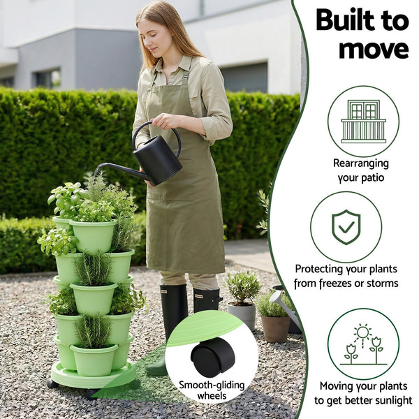 Green Fingers 5 Tier Vertical Garden Planter, Stackable Planters with Wheels, Light Green, Garden Bed, Garden Tower Indoor Outdoor, Auto Drainage System, for Strawberries, Herbs, Flowers, Vegetables Awezingly