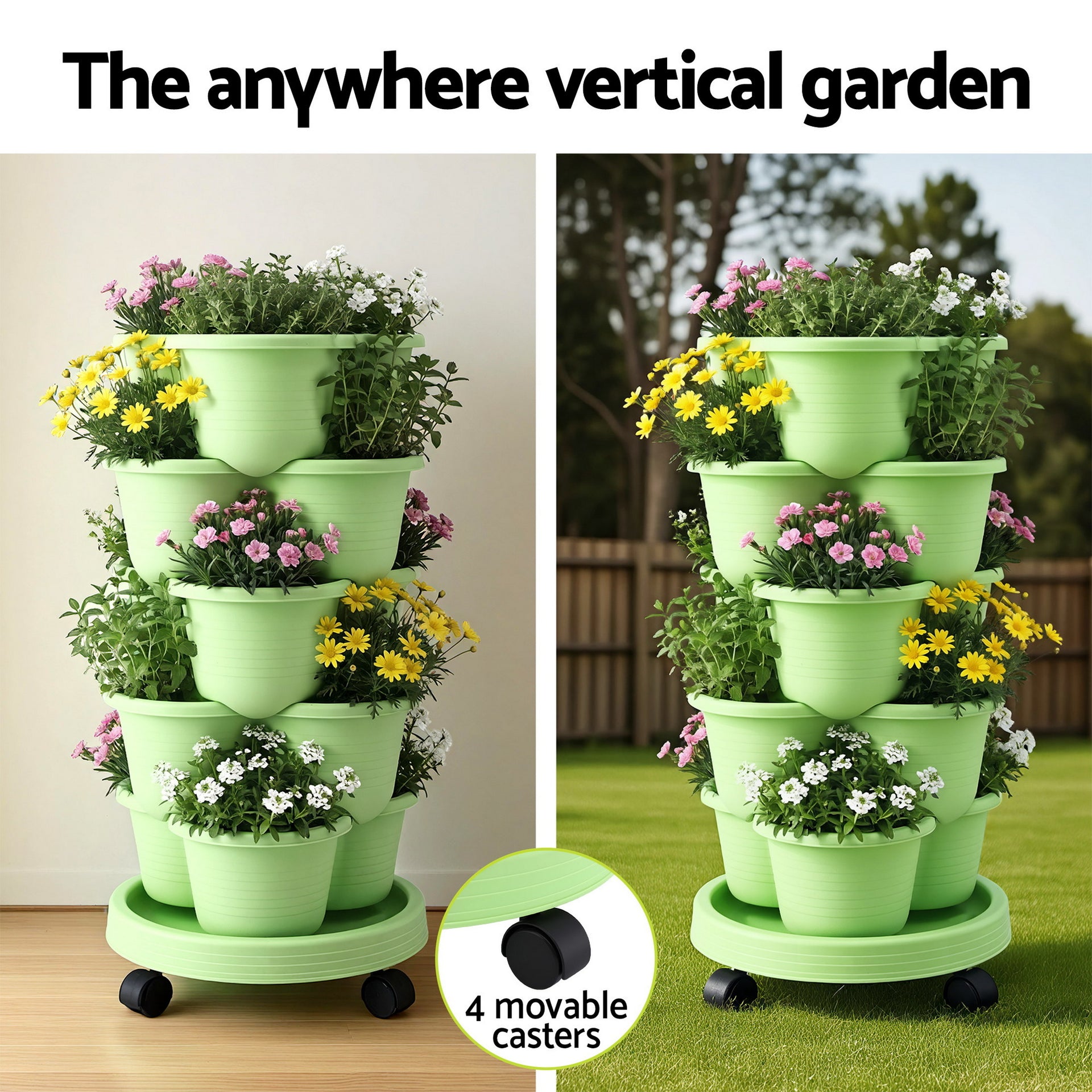 Green Fingers 5 Tier Vertical Garden Planter, Stackable Planters with Wheels, Light Green, Garden Bed, Garden Tower Indoor Outdoor, Auto Drainage System, for Strawberries, Herbs, Flowers, Vegetables Awezingly