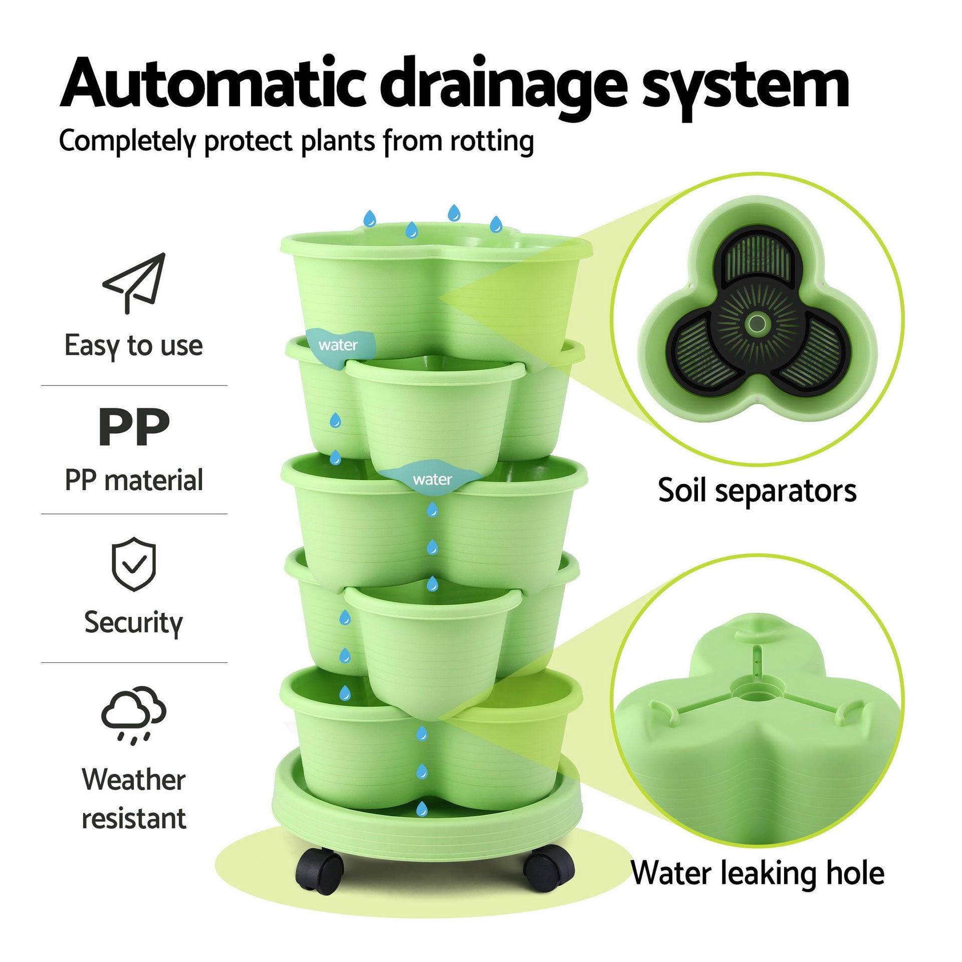 Green Fingers 5 Tier Vertical Garden Planter, Stackable Planters with Wheels, Light Green, Garden Bed, Garden Tower Indoor Outdoor, Auto Drainage System, for Strawberries, Herbs, Flowers, Vegetables Awezingly