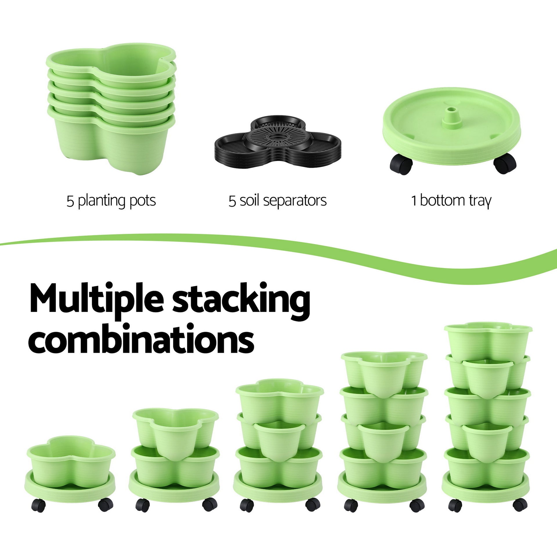 Green Fingers 5 Tier Vertical Garden Planter, Stackable Planters with Wheels, Light Green, Garden Bed, Garden Tower Indoor Outdoor, Auto Drainage System, for Strawberries, Herbs, Flowers, Vegetables Awezingly
