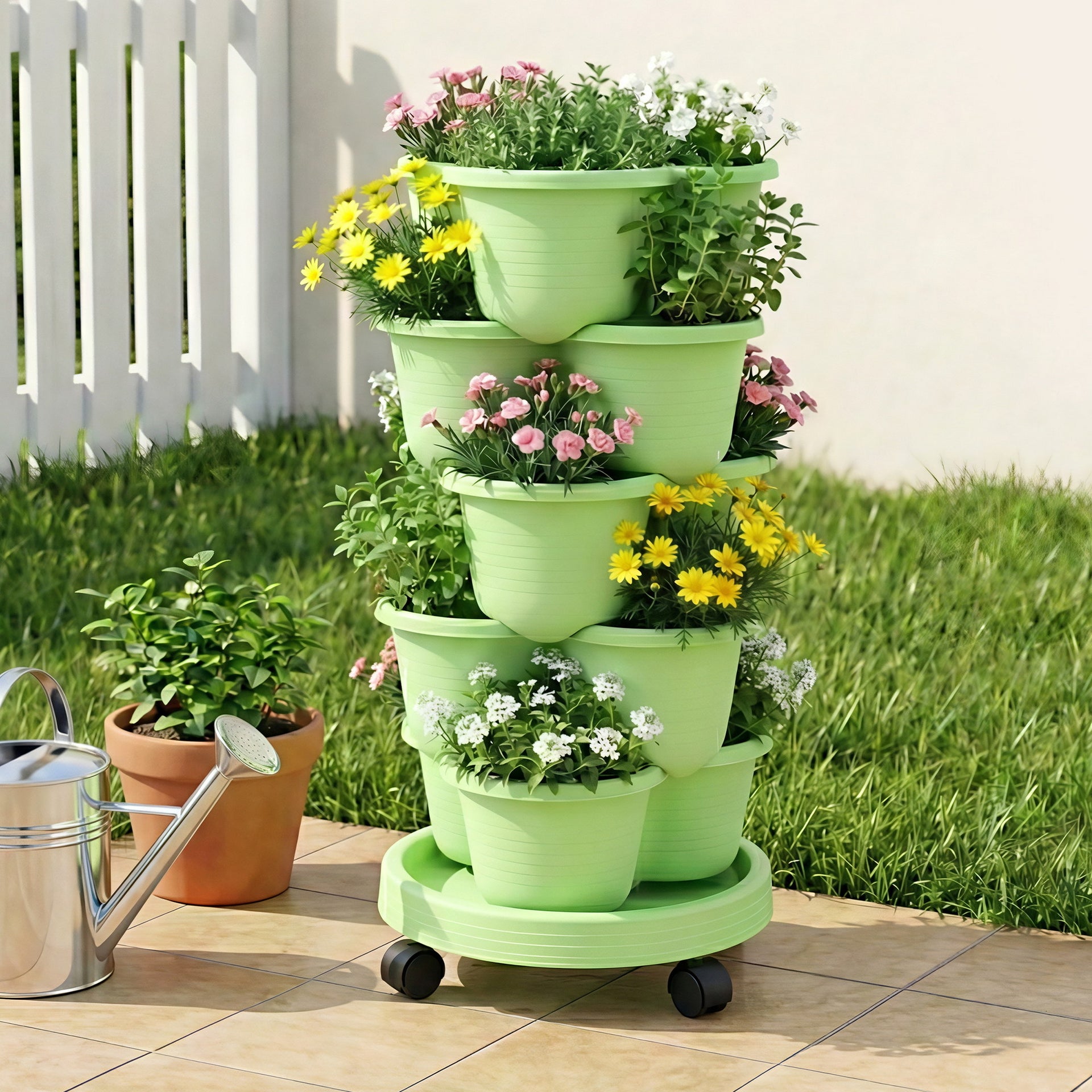 Green Fingers 5 Tier Vertical Garden Planter, Stackable Planters with Wheels, Light Green, Garden Bed, Garden Tower Indoor Outdoor, Auto Drainage System, for Strawberries, Herbs, Flowers, Vegetables Awezingly
