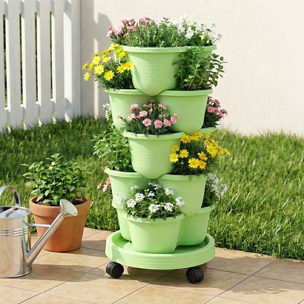 Green Fingers 5 Tier Vertical Garden Planter, Stackable Planters with Wheels, Light Green, Garden Bed, Garden Tower Indoor Outdoor, Auto Drainage System, for Strawberries, Herbs, Flowers, Vegetables Awezingly
