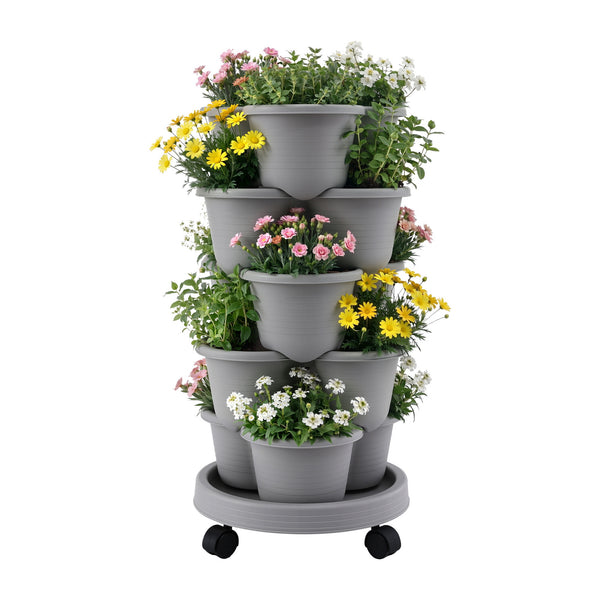 Green Fingers 5 Tier Vertical Garden Planter, Stackable Planters with 4 Wheels, Grey, Raised Garden Bed, Garden Tower Indoor Outdoor, Auto Drainage System, for Strawberries, Herbs, Flower, Vegetables