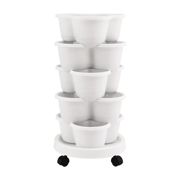 Green Fingers 5 Tier Vertical Garden Planter, Stackable Planters with Wheels, White, Garden Bed, Garden Tower Indoor Outdoor, Auto Drainage System, for Strawberries, Herbs, Flowers, Vegetables