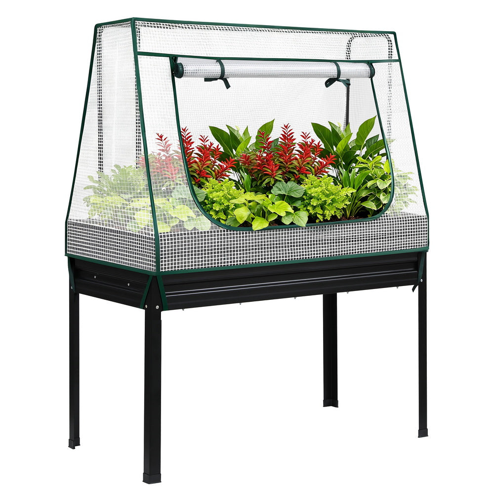 Green Fingers Elevated Metal Garden Bed Kit w Mini Greenhouse Cover 116x60cm Stand-Up Height Trellis Awezingly