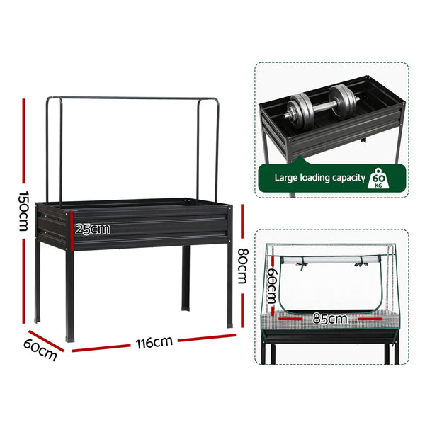 Green Fingers Elevated Metal Garden Bed Kit w Mini Greenhouse Cover 116x60cm Stand-Up Height Trellis Awezingly