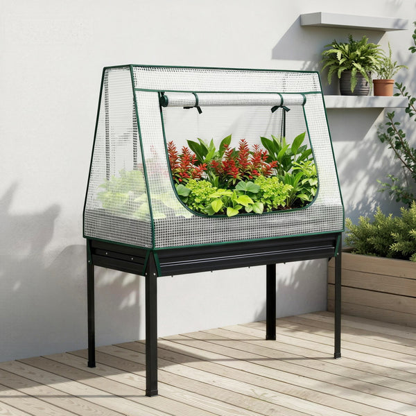 Green Fingers Elevated Metal Garden Bed Kit w Mini Greenhouse Cover 116x60cm Stand-Up Height Trellis Awezingly