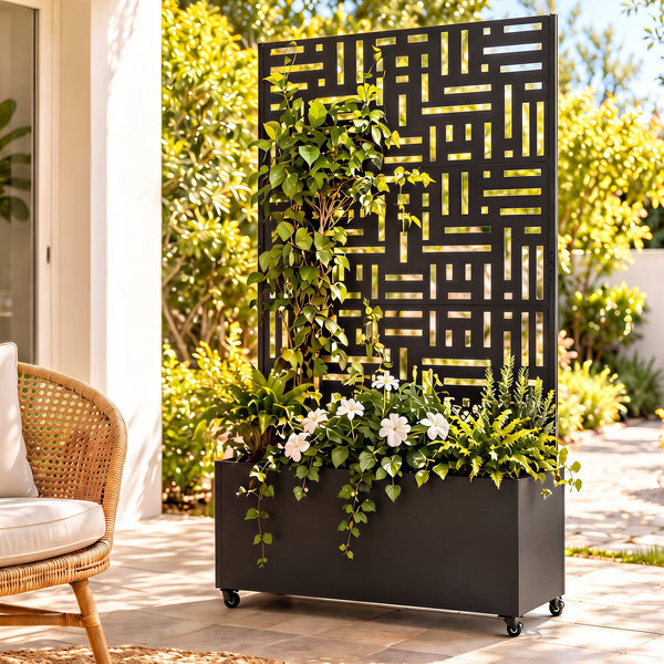 Green Fingers Mobile Planter Box Garden Bed with Trellis Privacy Screen & Lockable Wheels for Climbing Plants Awezingly