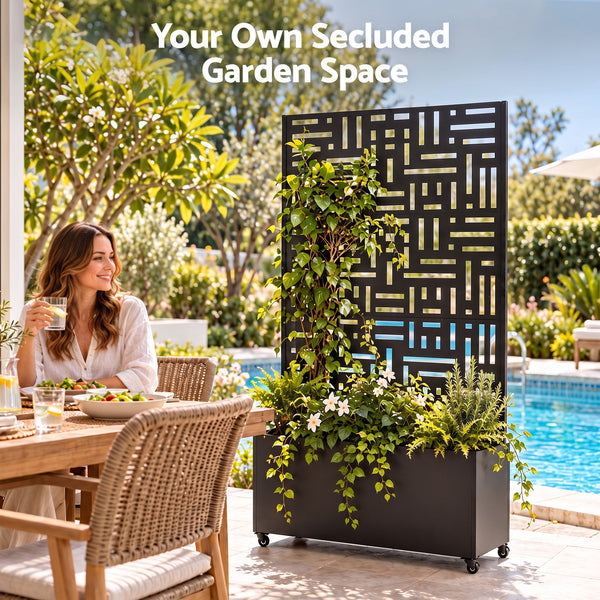 Green Fingers Mobile Planter Box Garden Bed with Trellis Privacy Screen & Lockable Wheels for Climbing Plants Awezingly