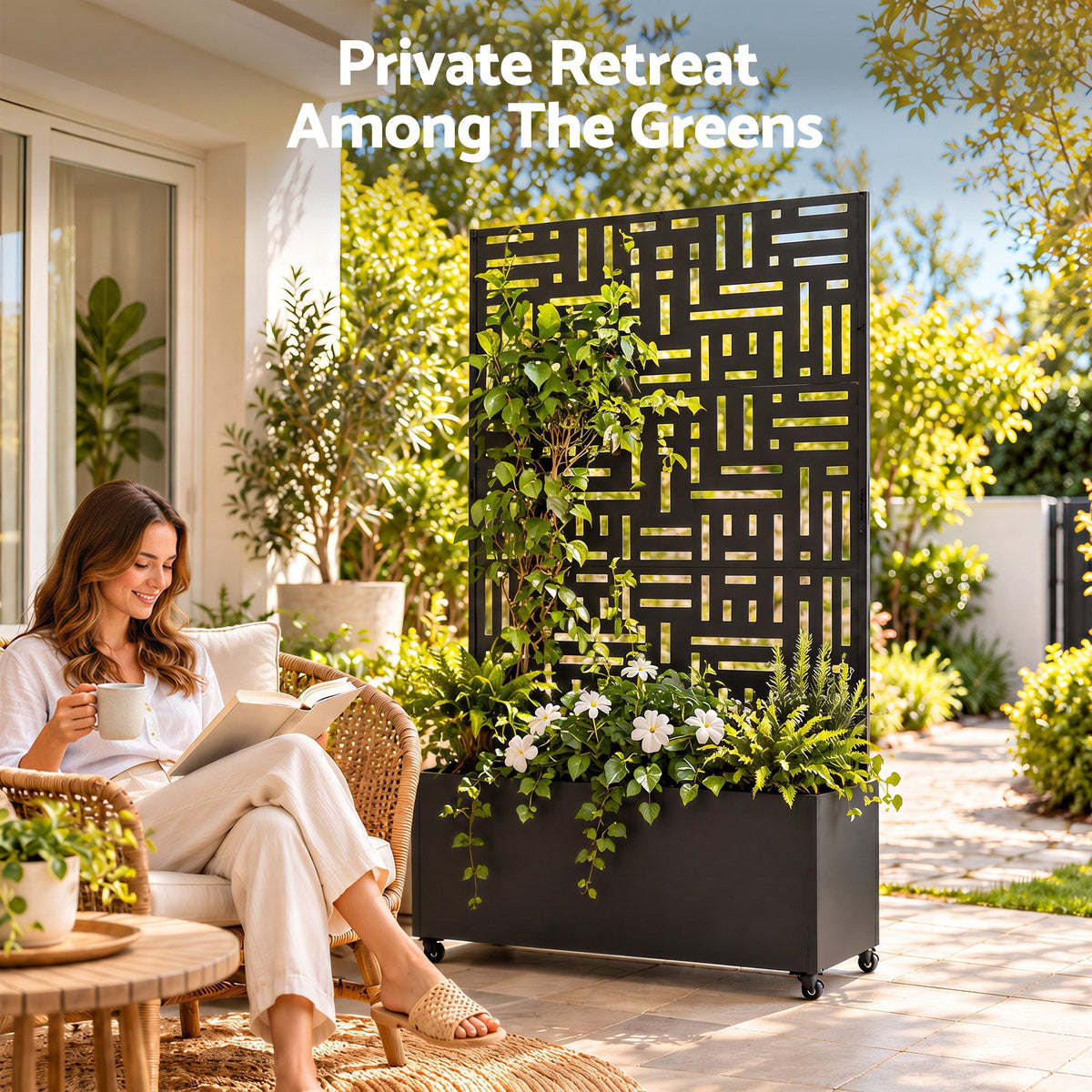Green Fingers Mobile Planter Box Garden Bed with Trellis Privacy Screen & Lockable Wheels for Climbing Plants Awezingly