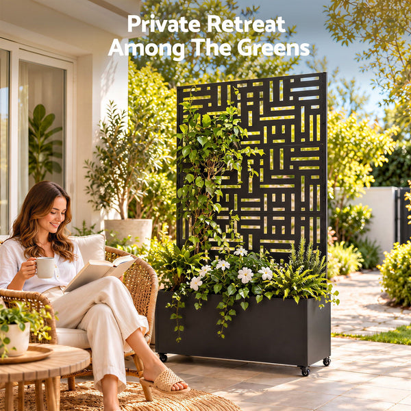Green Fingers Mobile Planter Box Garden Bed with Trellis Privacy Screen & Lockable Wheels for Climbing Plants Awezingly