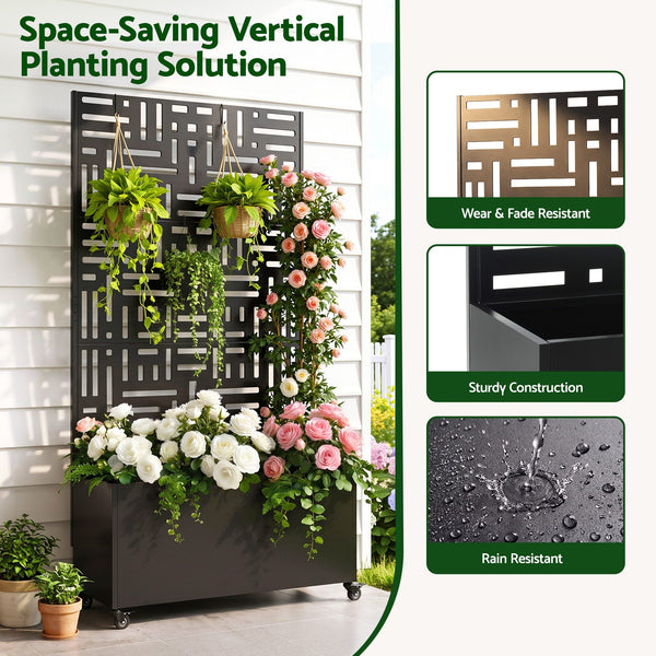 Green Fingers Mobile Planter Box Garden Bed with Trellis Privacy Screen & Lockable Wheels for Climbing Plants Awezingly