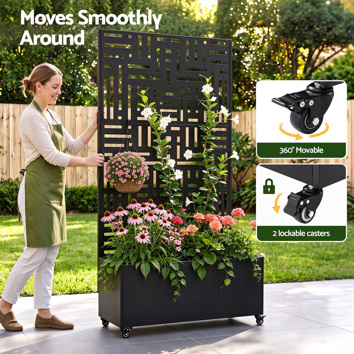 Green Fingers Mobile Planter Box Garden Bed with Trellis Privacy Screen & Lockable Wheels for Climbing Plants Awezingly