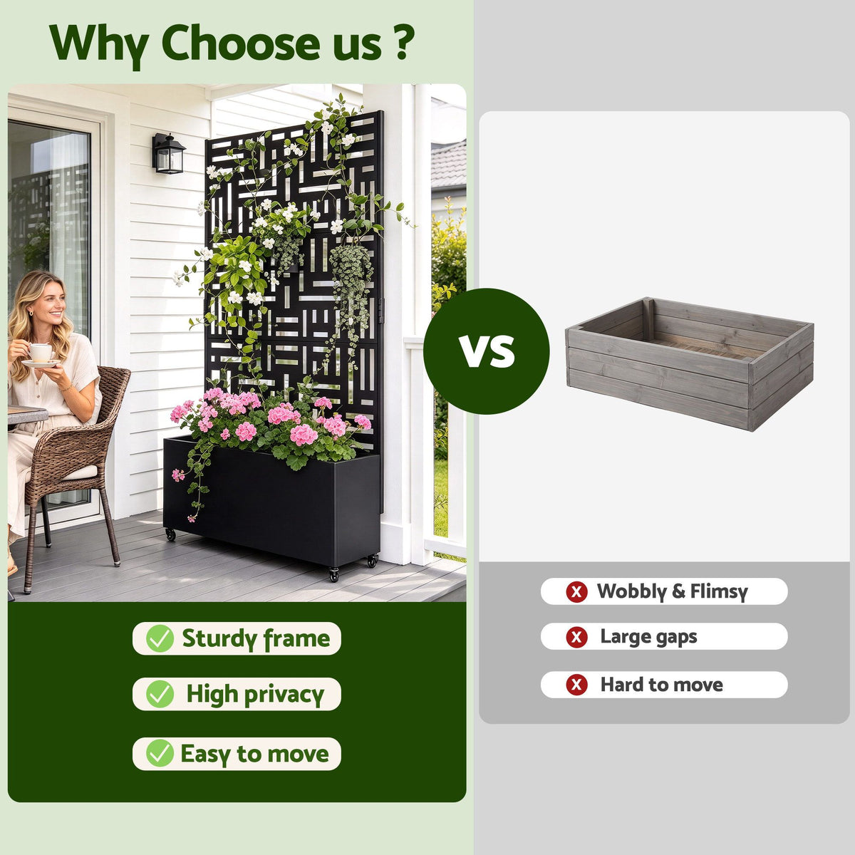 Green Fingers Mobile Planter Box Garden Bed with Trellis Privacy Screen & Lockable Wheels for Climbing Plants Awezingly