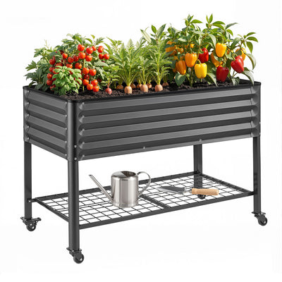 Green Fingers Mobile Raised Garden Bed With Wheels Storage Shelf 81cm Height for Vegetables Herb Charcoal