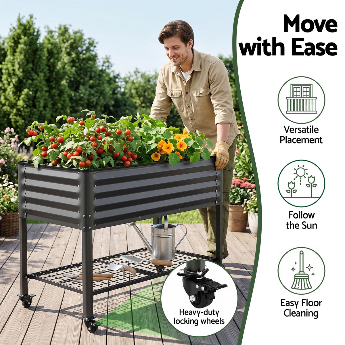Green Fingers Mobile Raised Garden Bed With Wheels Storage Shelf 81cm Height for Vegetables Herb Charcoal Awezingly