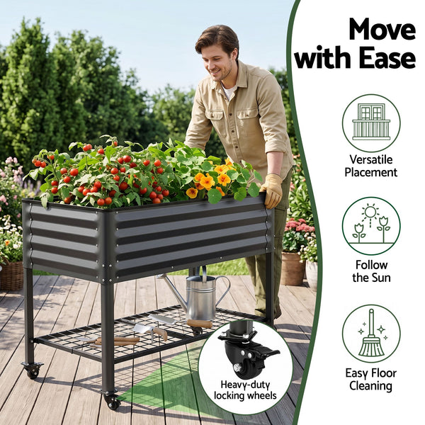 Green Fingers Mobile Raised Garden Bed With Wheels Storage Shelf 81cm Height for Vegetables Herb Charcoal Awezingly