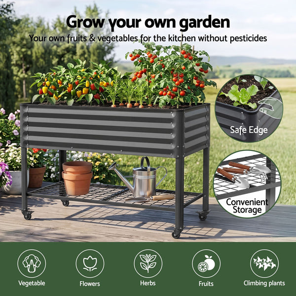 Green Fingers Mobile Raised Garden Bed With Wheels Storage Shelf 81cm Height for Vegetables Herb Charcoal Awezingly