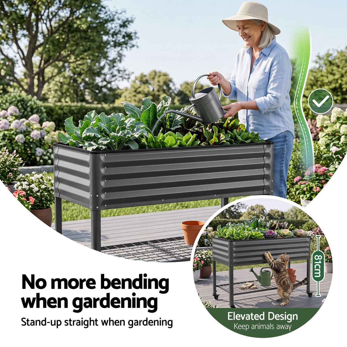 Green Fingers Mobile Raised Garden Bed With Wheels Storage Shelf 81cm Height for Vegetables Herb Charcoal Awezingly