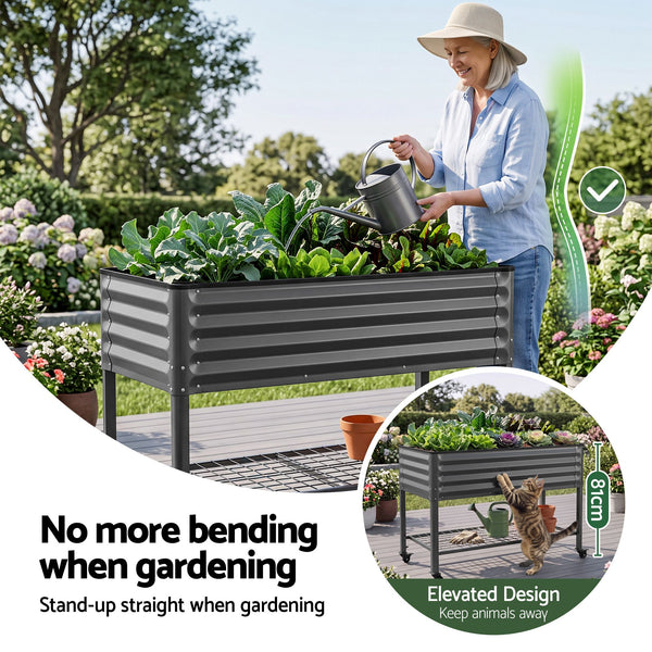 Green Fingers Mobile Raised Garden Bed With Wheels Storage Shelf 81cm Height for Vegetables Herb Charcoal Awezingly