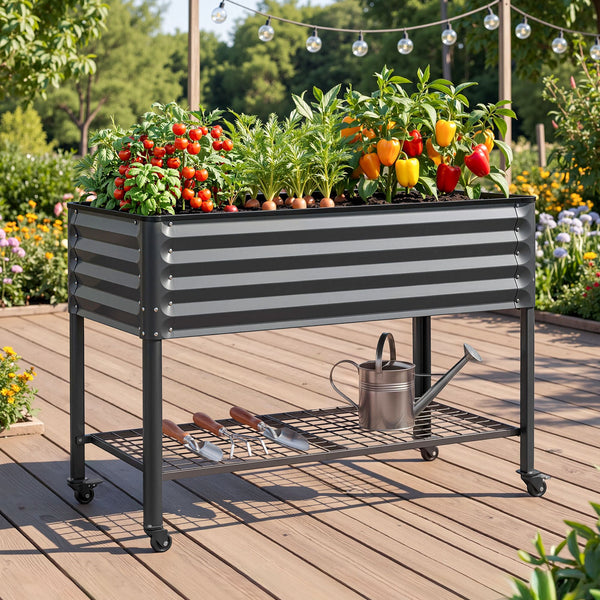 Green Fingers Mobile Raised Garden Bed With Wheels Storage Shelf 81cm Height for Vegetables Herb Charcoal Awezingly