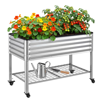Green Fingers Mobile Raised Garden Bed with Wheels Storage Shelf 81cm Height for Vegetables Herb Silver