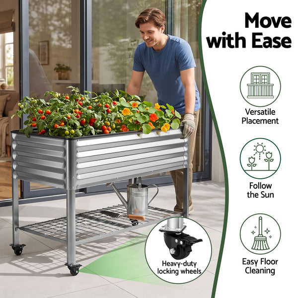 Green Fingers Mobile Raised Garden Bed with Wheels Storage Shelf 81cm Height for Vegetables Herb Silver Awezingly