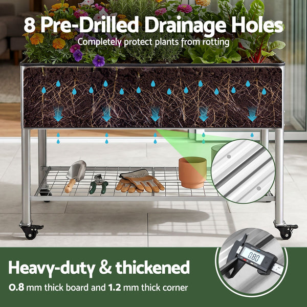 Green Fingers Mobile Raised Garden Bed with Wheels Storage Shelf 81cm Height for Vegetables Herb Silver Awezingly
