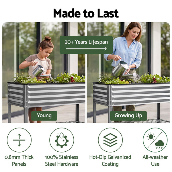 Green Fingers Mobile Raised Garden Bed with Wheels Storage Shelf 81cm Height for Vegetables Herb Silver Awezingly
