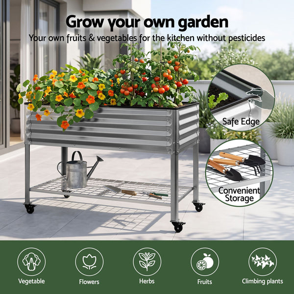 Green Fingers Mobile Raised Garden Bed with Wheels Storage Shelf 81cm Height for Vegetables Herb Silver Awezingly