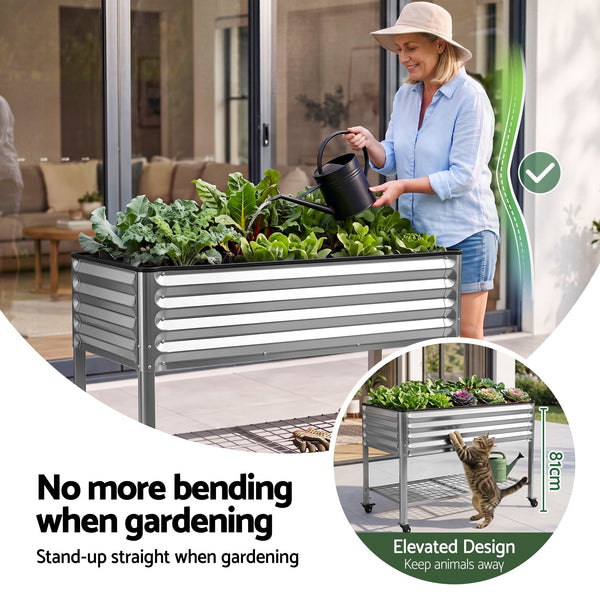Green Fingers Mobile Raised Garden Bed with Wheels Storage Shelf 81cm Height for Vegetables Herb Silver Awezingly