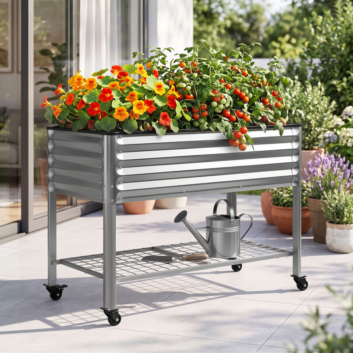 Green Fingers Mobile Raised Garden Bed with Wheels Storage Shelf 81cm Height for Vegetables Herb Silver Awezingly