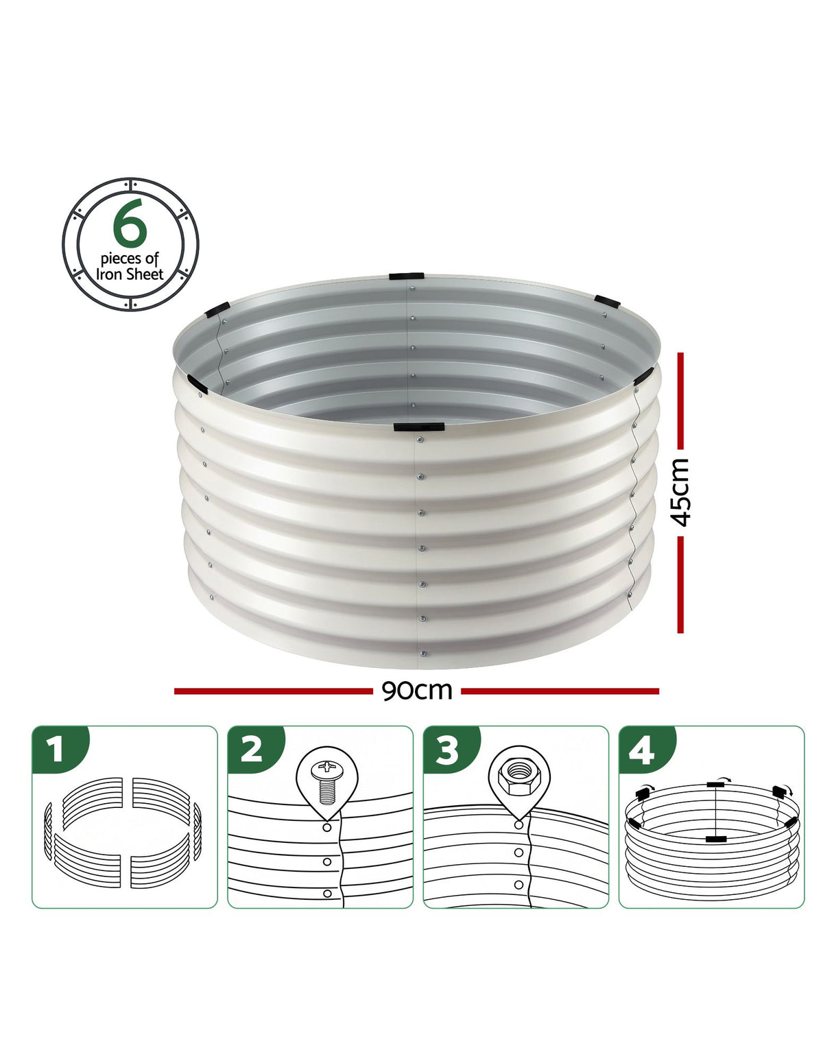 Green Fingers Round Metal Raised Garden Bed 90x45cm Planter Box White Awezingly