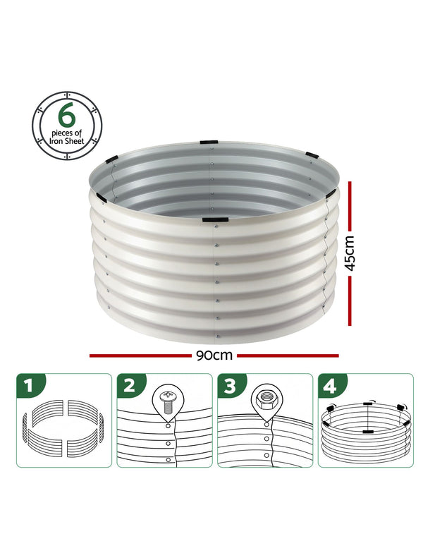 Green Fingers Round Metal Raised Garden Bed 90x45cm Planter Box White Awezingly