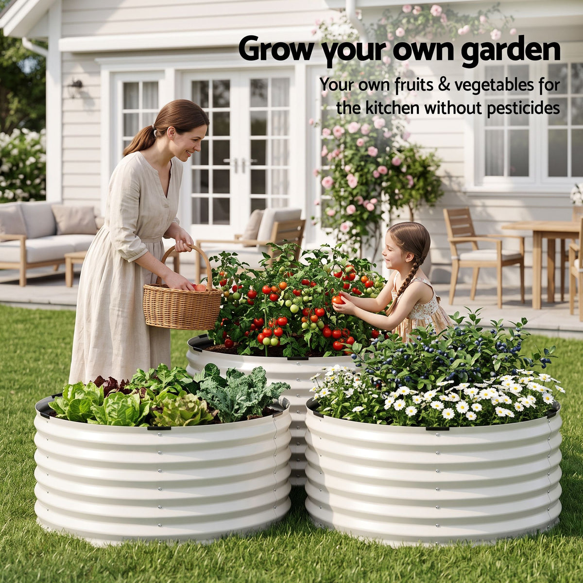 Green Fingers Round Metal Raised Garden Bed 90x45cm Planter Box White Awezingly
