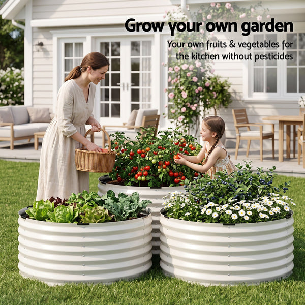Green Fingers Round Metal Raised Garden Bed 90x45cm Planter Box White Awezingly