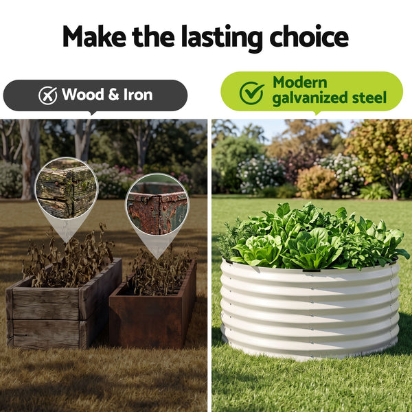 Green Fingers Round Metal Raised Garden Bed 90x45cm Planter Box White Awezingly