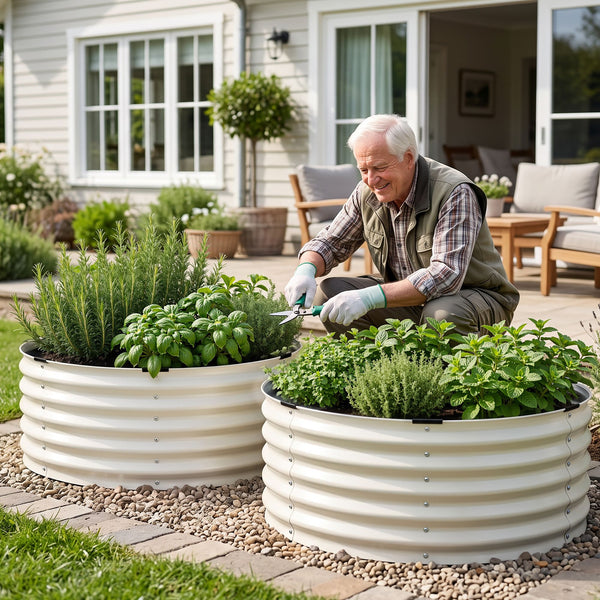 Green Fingers Round Metal Raised Garden Bed 90x45cm Planter Box White Awezingly