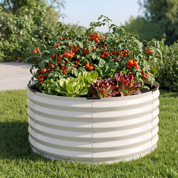 Green Fingers Round Metal Raised Garden Bed 90x45cm Planter Box White Awezingly