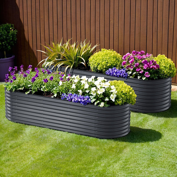 x2 Green Fingers Raised Garden Bed Kit Planter Oval Galvanised Steel 240cmX80cmX56cm Greenfingers