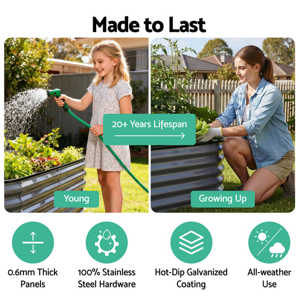 Green Fingers 3 Pcs Raised Garden Bed Kit Oval Galvanized Steel Planter Boxes 240x80x56cm, Heavy Duty Metal Elevated Garden Bed for Vegetables Flowers Herbs, with Safety Edging, Gloves & Pegs Included