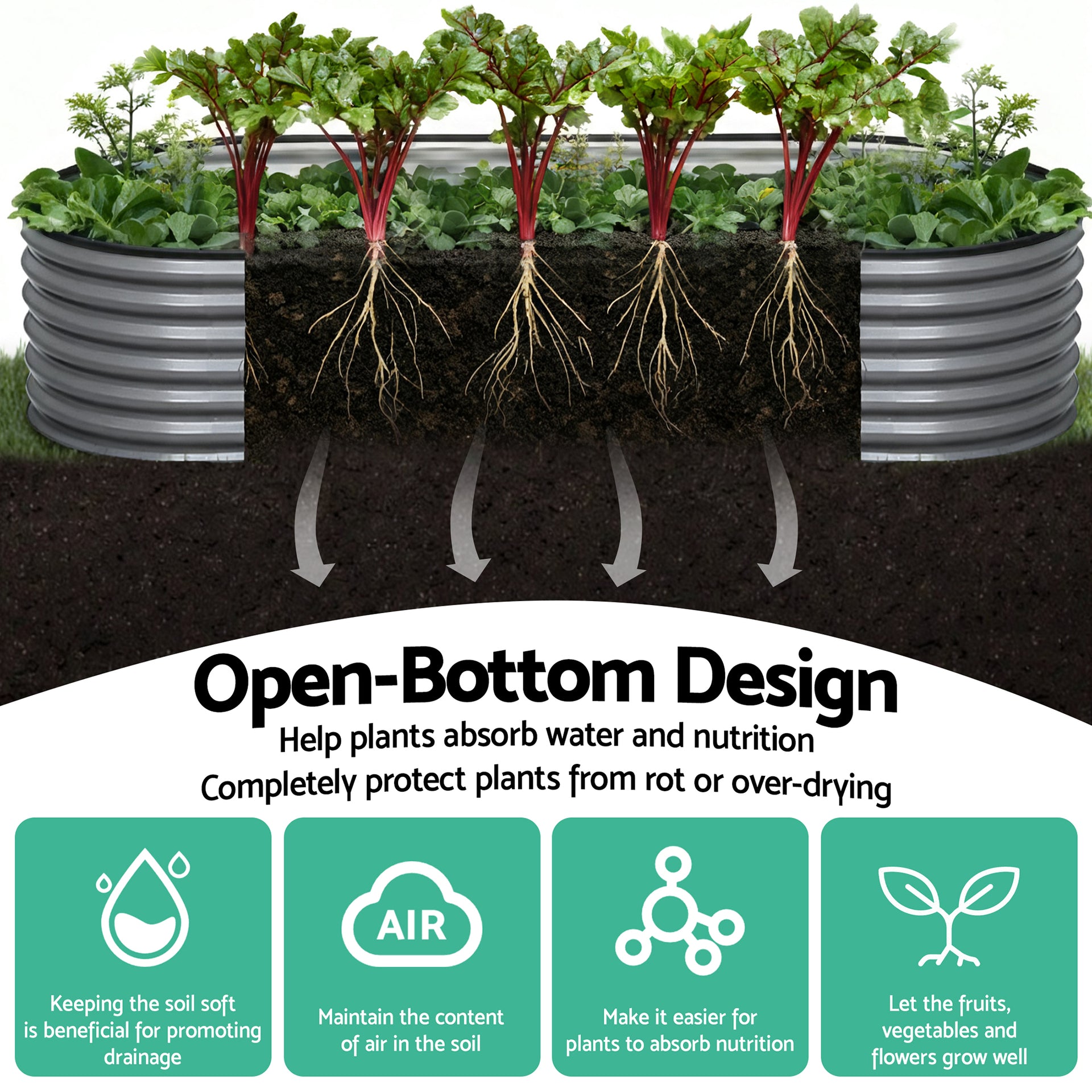Green Fingers 4 Pcs Raised Garden Bed Kit Oval Galvanized Steel Planter Boxes 240x80x56cm, Heavy Duty Metal Elevated Garden Bed for Vegetables Flowers Herbs, with Safety Edging, Gloves & Pegs Included