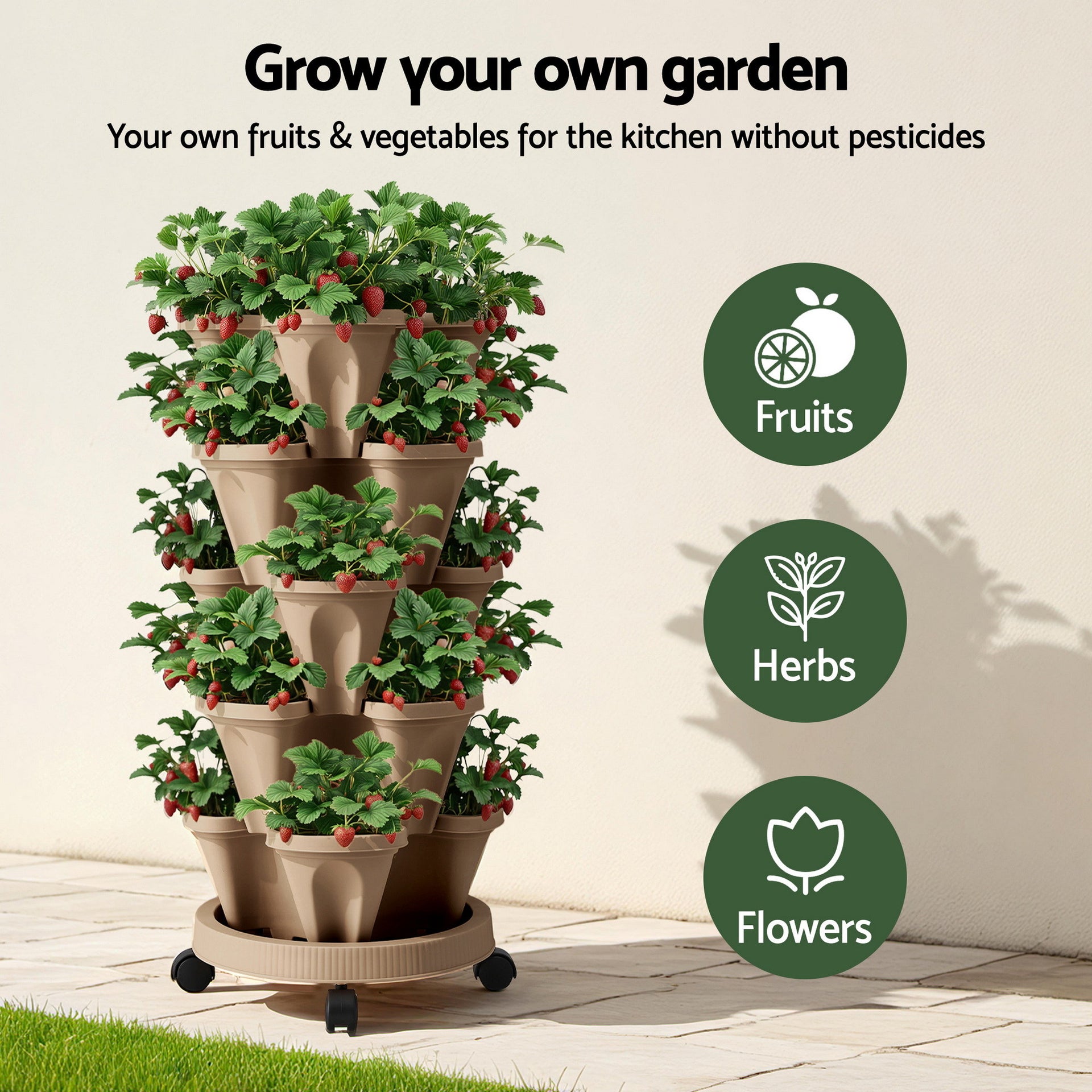 Green Fingers Garden Bed 5 Tier Vertical Garden Grey Strawberry Stackable Planters Herb Petunias Tan