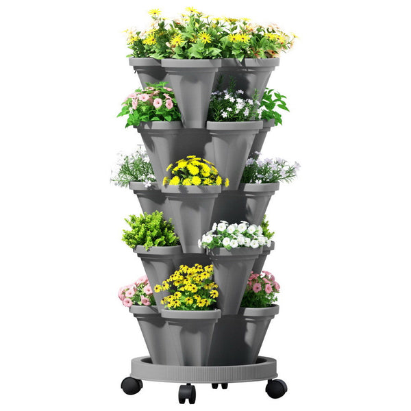 Green Fingers Raised Garden Bed 5 Tier Vertical Garden Grey Strawberry Stackable Planters Herbs Petunias Awezingly